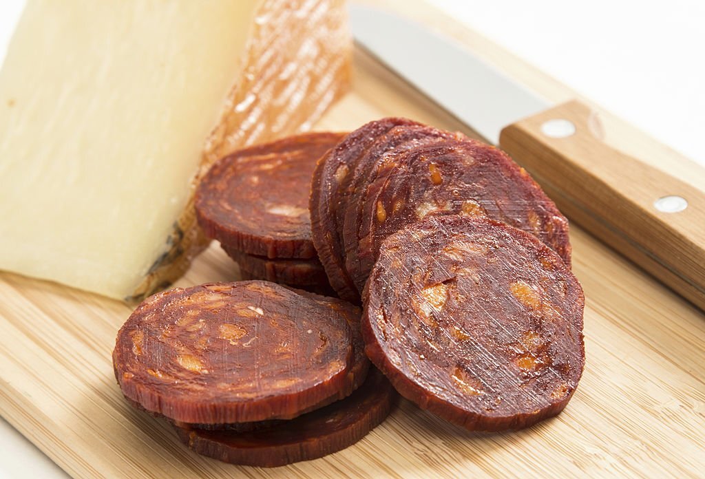 Spanish manchego cheese and slices of chorizo