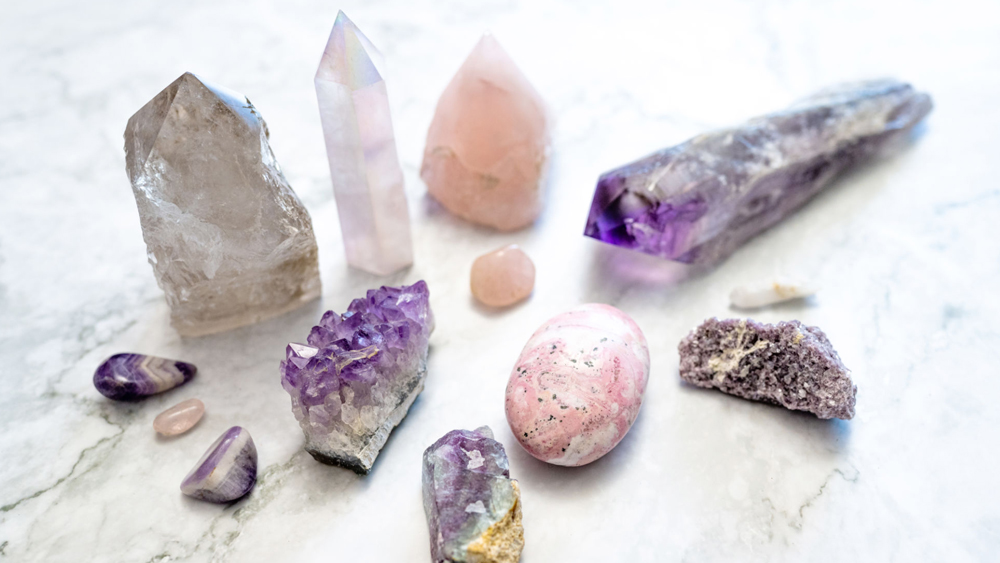 a variety of pink and purple crystals